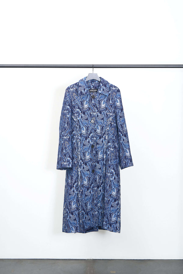 WALLPAPER CAR COAT displayed on hanger, featuring intricate blue paisley pattern and stylish design.