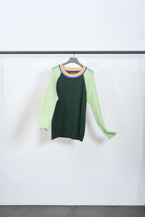 JOCK IN THE CLOSET SWEATER featuring a green body with metallic sheen sleeves and a yellow-blue collar.