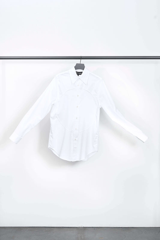 PIN-TUCK LUNG SHIRT displayed on a hanger, showcasing its pristine white cotton fabric and stylish design.