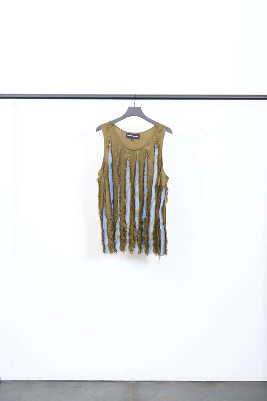 SCRATCH THE ITCH TANK featuring a frayed striped bicolored pattern in khaki and blue.