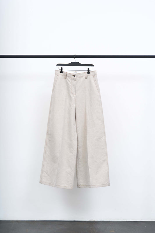 BELLA MARINER TROUSERS in light organic cotton linen blend, showcasing relaxed silhouette and subtle contrast stitching.